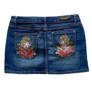 Grunge rhinestone dark wash denim mini skirt